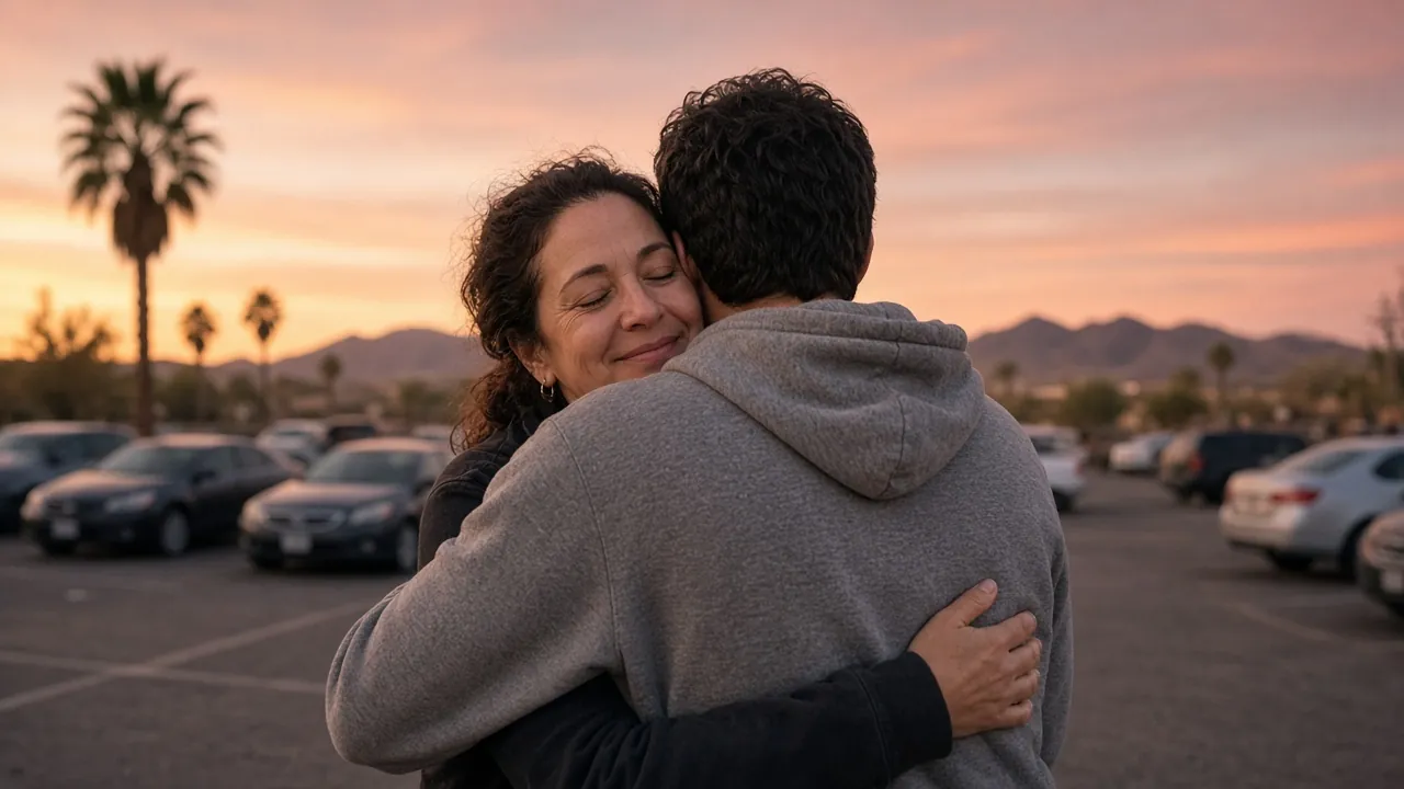 A mother hugging her son in a Phoenix parking lot at dusk