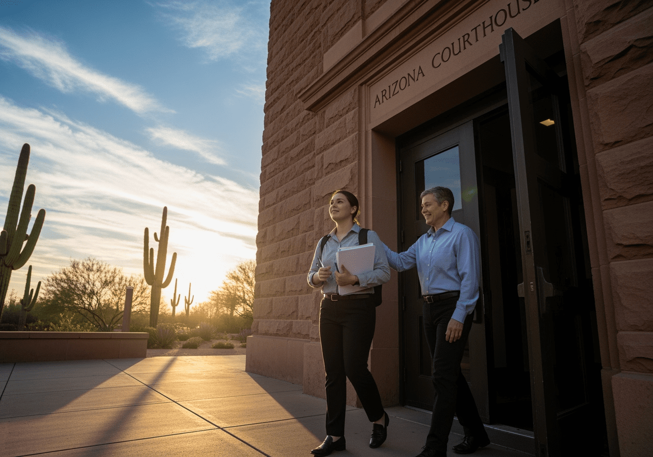 Person released on bail outside Arizona courthouse at sunrise with support