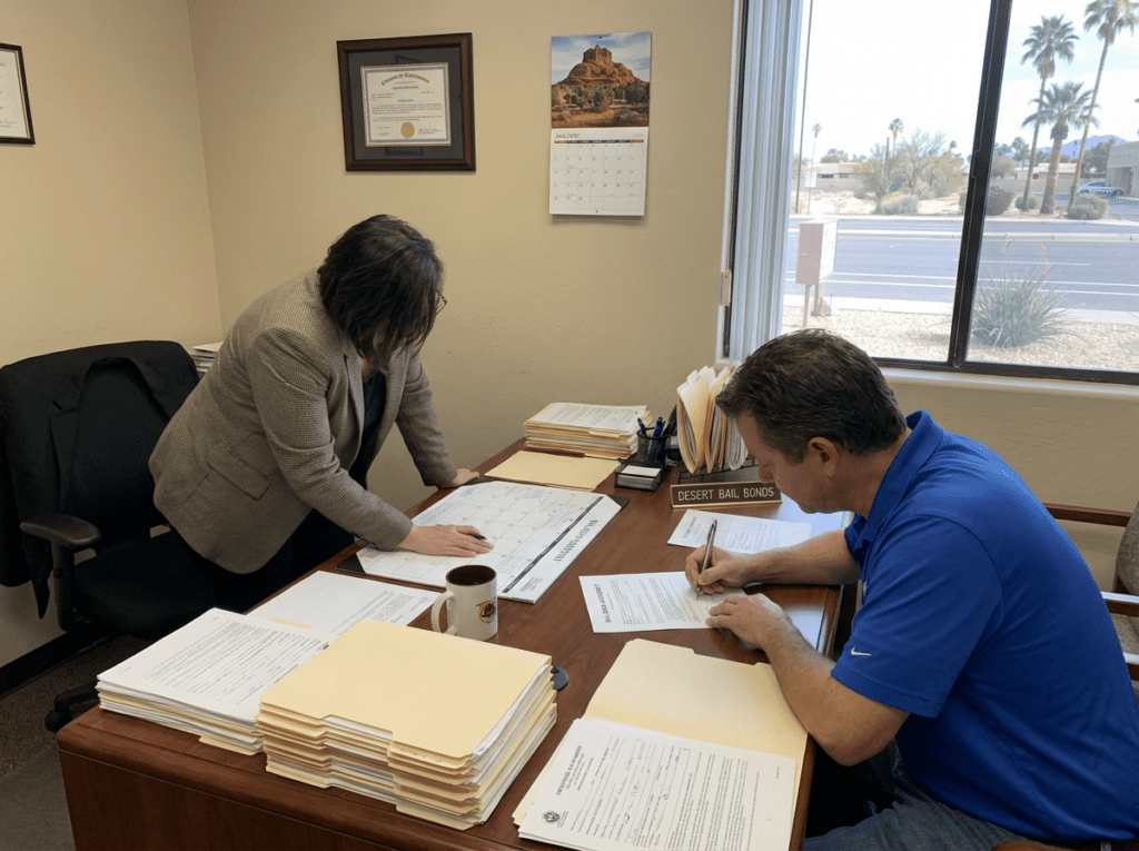 Bail bondsman office with paperwork and contract signing, a person signing a bail bond agreement.